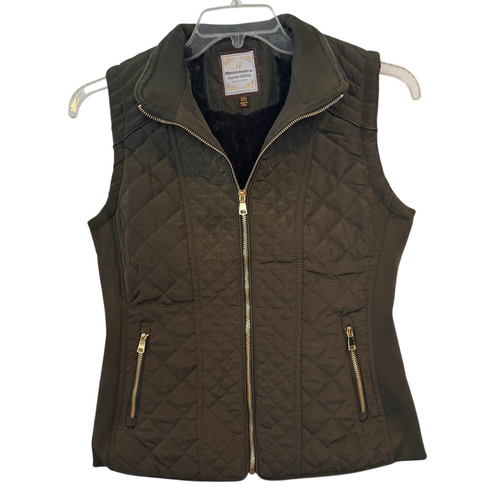 Massiche & Company Deep Olive Green Quilted Vest with Gold Accents faux fur SM